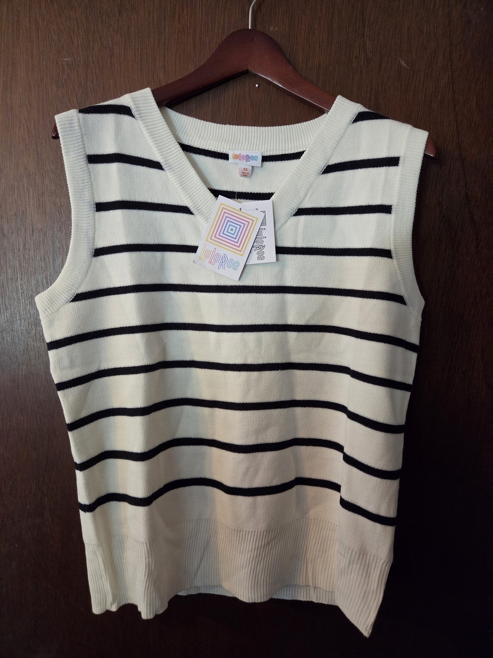 LuLaRoe Cream and Black Striped V-Neck Sweater Vest